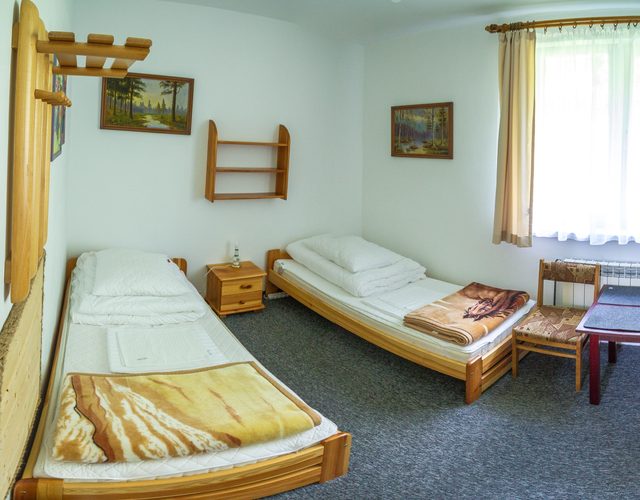 Pokój z dwoma osobnymi łóżkami, stolikiem przy oknie i widokiem na ogród